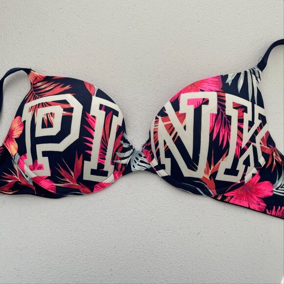 VICTORIAS SECRET PINK BRA 32C Padded Push Up Wear Everywhere Pink Spellout - Picture 6 of 9